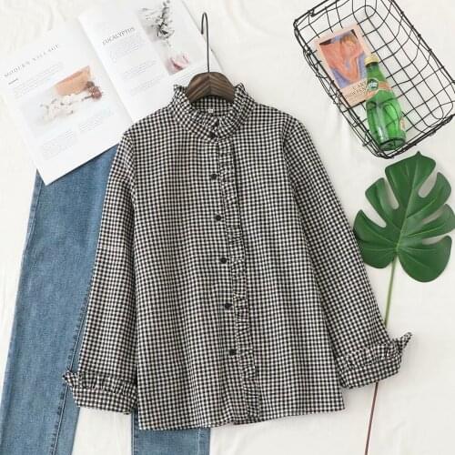 Pure cotton black and white plaid shirt womens long-sleeved Korean students were thin literary and artistic wood ears stand-up