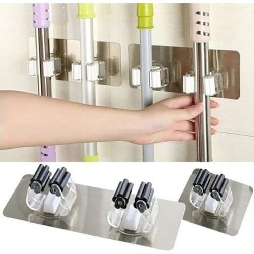 Self-Adhesive Wall Mounted Mop Organizer Holder Brush Broom Hanger Storage Rack Bathroom Wall Nail-free Mop Clip Card Holder