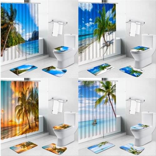 Summer Ocean Scenery Shower Curtains Bath Mat Palm Tree Beach Sea Bathroom Home Decor Non-Slip Rugs Toilet Lid Cover Carpet Set