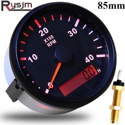 85mm REV Counter Car Boat tachometer + sensor Car Truck Tacho Marine RPM Meter with LCD Hourmeter 4000 RPM Red Backlight 12V/24V