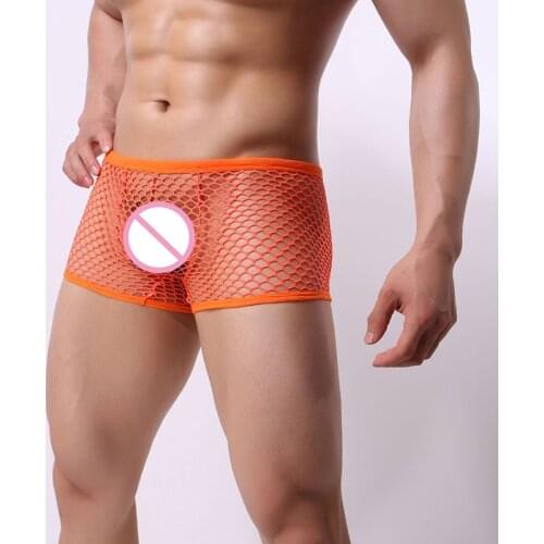 Mens Sexy Underwear Breathable Mesh Hollow Out Boxer Shorts U Convex Transparent Underpants Cueca Masculina Lingerie Trunks