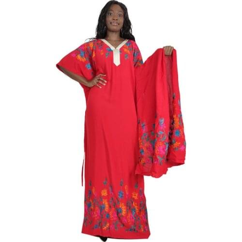 Ethnic Style Solid Loose African Dresses for Women V Neck Embroidery Floral Plus Size Clothing Femme Robe with Scarf