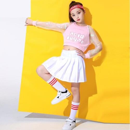 Spring Summer Children Hip Hop Clothes Kids Girls Pink Jazz Street Dance Costume Tops Skirt Set Ballroom Dancewear Stage Outfit