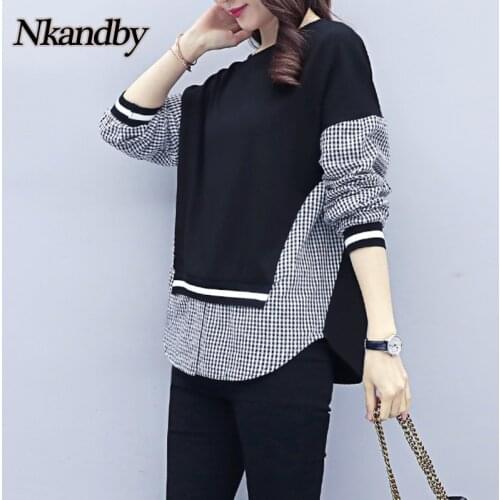 Plus Size Clothing Houndstooth Shirts Women 2021 Spring Fashion Long Sleeve Blouses Oversize Korean Patchwork Loose Tops Female