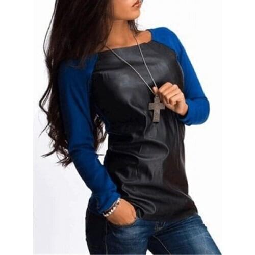 Color Block Blouse Women Casual Round Neck Long Sleeve PU Leather Autumn Tops MX0049