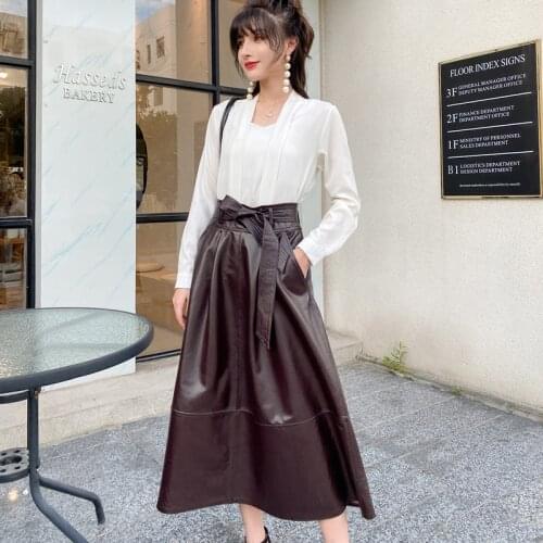 Jupe Femme Real Leather Lange Rokken Women Sheepskin Skirts Wide Flare High Waist Plus Size Feminino Fairy Casual Maxi Skirt
