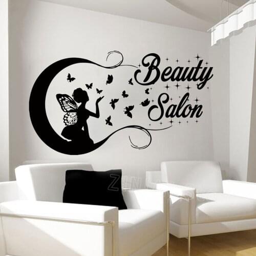 Butterfly Girl Silhouette Wall Stickers Beauty Salon Butterflies Hair Vinyl Wall Decal Woman Decor Stickers Fashion Decals Z493