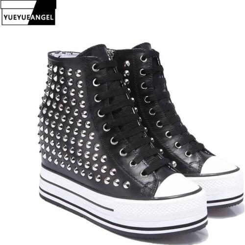 Increasing Height Women High Top Genuine Leather Platform Shoes Rivets Studded Sneakers Streetwear Hip Hop Shoes New 18 Designer