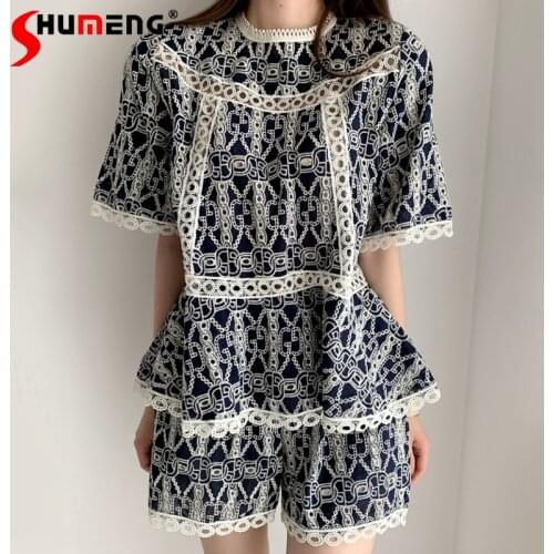2021 Summer Ladies Korean Hollow Out Embroidery Short Sleeve Top Women High Waist Casual Wide-Leg Shorts Fashion Two-piece Set