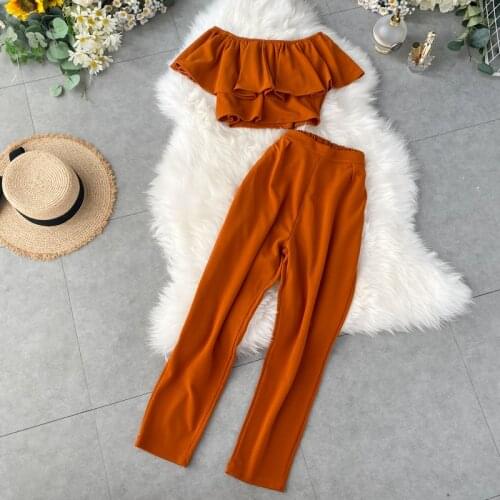 FTLZZ New Two Piece Set Sexy Women Ruffled Slash Neck Slash Neck Crop Top + Loose Wide Leg Long Pants Suits Summer Beach Set