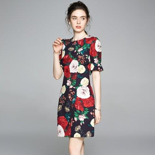 High Quality Summer New Fashion Sequined Beading Floral Runway Dress Women Puff Sleeve Peony Flower Print Party Dresses Vestidos