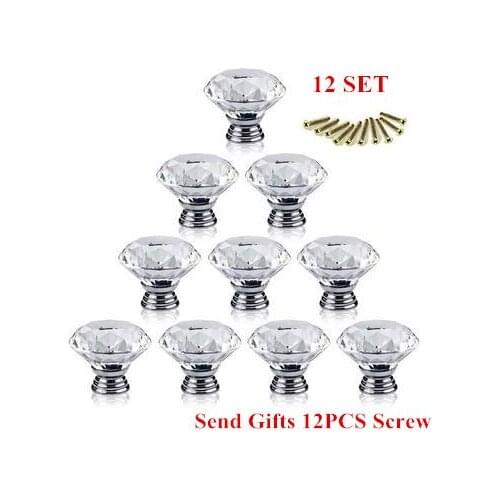 12 Pcs Crystal Glass Cabinet Knobs 30mm Diamond Shape Drawer Kitchen Cabinets Dresser Cupboard Wardrobe Pulls Handles