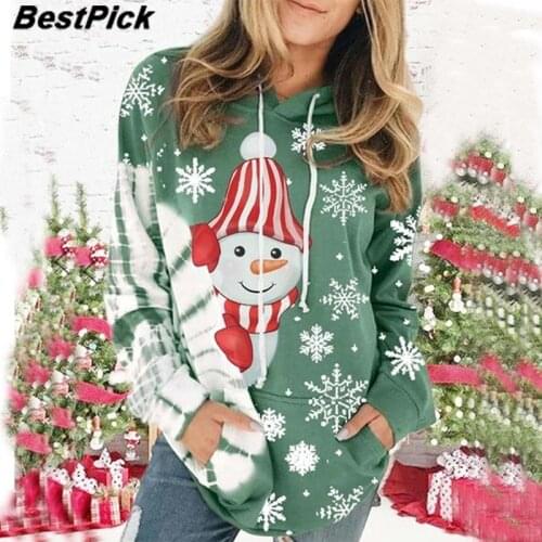 2020 Christmas Snowman Print Hooded Sweatshirts Long Sleeve Oversized Autumn Winter Hoodie Kawaii Pullover Tops
