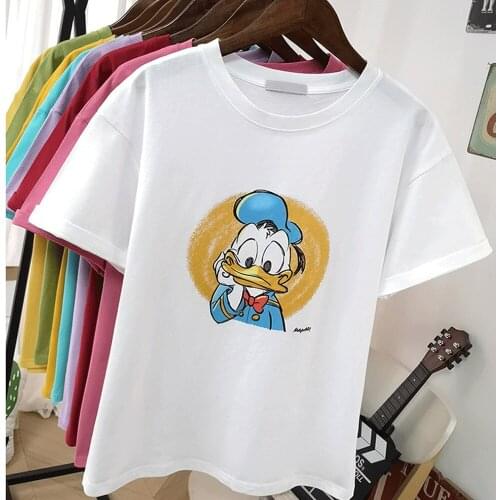 White Donald Duck Women T-shirts Disney Tops Female Tees Sweet Female Clothes Korean Style O-neck Summer Casual Lady New T-shirt