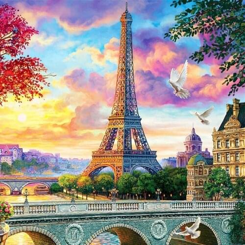 DIY 5D Handmade Round Eiffel Tower and Bridge Poured Glue Diamond Painting Kits Scalloped Edge Art Craft Gift DIY Home Decor