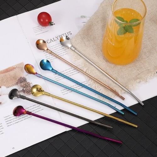 Long Metal Stainless Steel Straw stir Spoon with Cleaning BrushTea Coffee Bar Kitchen Party Drink Accessories reusable straws