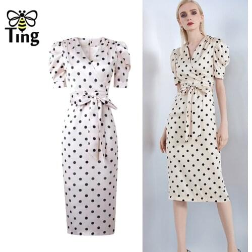 Tingfly Vintage Elegant Polka Dot V Neck Puff Sleeve Casual Midi Long Dress Summer Francais Lady Office Style Work Dress Elbise