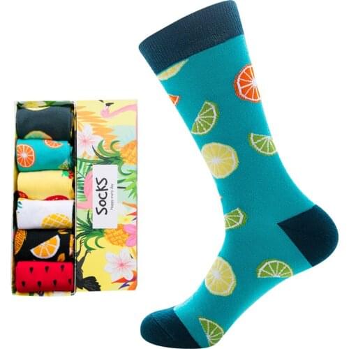 DOIAESKV New Spring Autumn Funny Socks Men Happy Fruit Socks Food Print Socks Cotton Men Dress Socks Striped Skateboard Socks