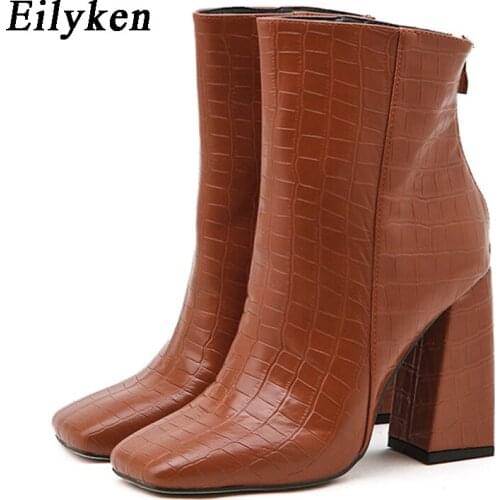 Eilyken High Quality Pu Leather Women Winter Ankle Boots 2021 New Square Toe Zipper Female Thick High Heels Female Chelsea Shoes