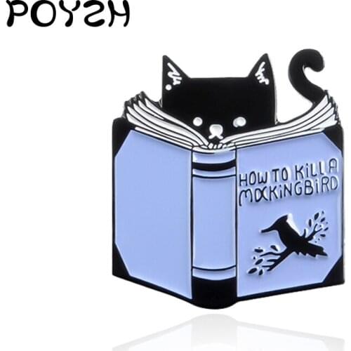 A Black Cat Reading Enamel Lapel Pin How to Kill A Mocking Bird Brooch Fashion personality Badge Punk jewelry