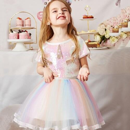 2021 Summer Clothes Set Baby Girls Clothing Sequined Unicorn Top and Rainbow Mesh Skirt Suit Girl Princess Dress Kids Clothing