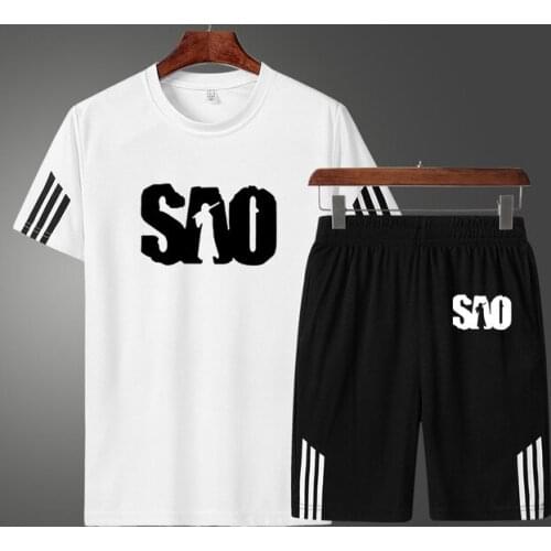 Fashion casual short sleeve SAO Sword Art Online Printing Summer High Quality Cotton Mens short sleeve + shorts two-piece suit