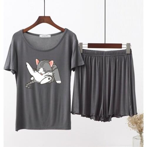 Summer Women Pajamas Set Modal Cotton Short Sleeve Homewear Cute Cartoon Cat Girl Sleepwear 2 Pieces Set Plus Size O-neck Tshirt