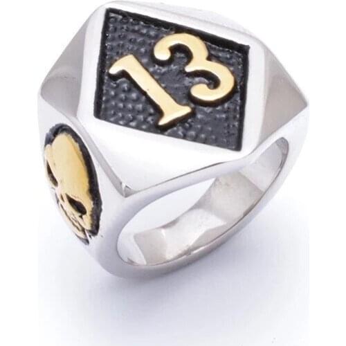 Gold Lucky Number 13 Mens Stainless Steel Biker Motorcycle Skull Stainless Steel Ring Mens Jewelry US Size7-15