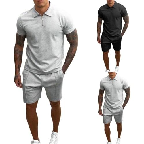 2021 Summer 2 Piece Men Set Fashion Solid Mens Clothes Turn-down Collar Zipper Tops And Drawstring Pants Outfit Casual Suits