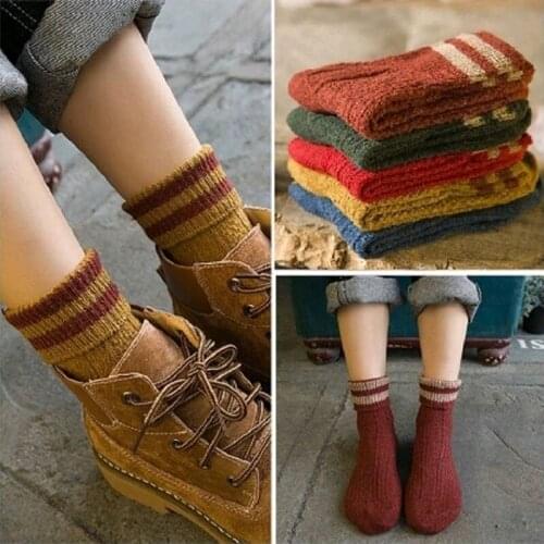 Long 6 Colors New Women Thicken Wool Socks Winter Warm Boot Socks Vintage Knit Stripe Crew Socks