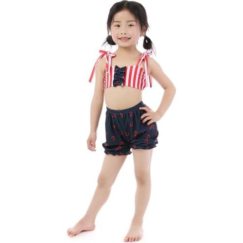 Kaiya Angel 2019 New Arrival Swimsuit Outfits For Children Girl Striped Bow Tops with Anchor Printing Shorts Kid Swim Clothes