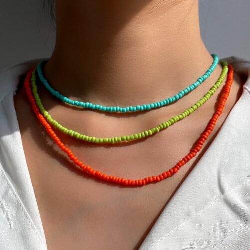 Simple Multicolor Acrylic Rice Beaded Necklace For Women Candy Color Seed Beads Choker Collar Adjustable Necklaces Boho Jewelry