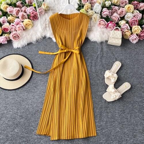 Summer Womens Dress Korean Commuter Solid Color Round Neck Sleeveless Dress New Waist Pleated Female Big Swing Dresses HH298