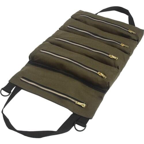 Practical Multi-Purpose Tool Roll Up Canvas Storage Bag Wrench Roll Pouch Hanging Tool Zipper Carrier Tote Organizer