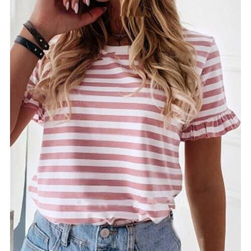 Stripe Pink Cute Kawaii Top T-shirts For Women Casual Short Sleeve Womens Summer Street Style With Frill O-neck Cheap Femme