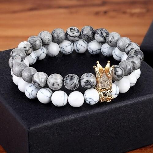 TYO Wholesale DIY Women Men Fashion Elastic Bracelets Nature Gray White Stone Beads Exquisite Gold Crown Charm with Rhinestone