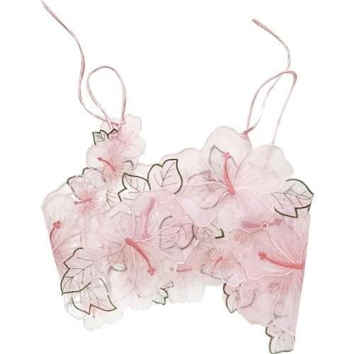 Women Tank Top Green Transparent Outfit Camis Sexy Embroidered Tanks Organza Leaves Sexy Crop Top