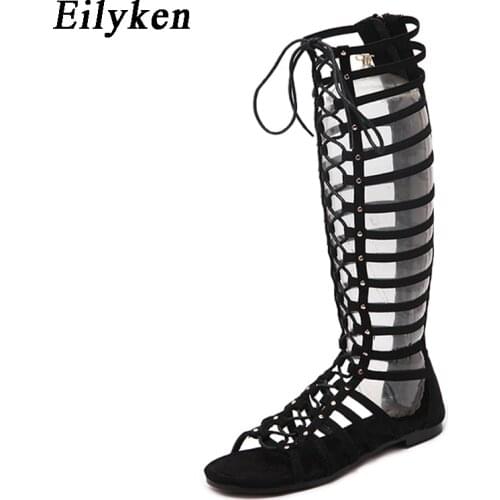Eilyke High Quality Leather Women Sandals Strappy Open toe Knee High Summer Gladiator Flat Sandals Roman Bandage Casual Boots