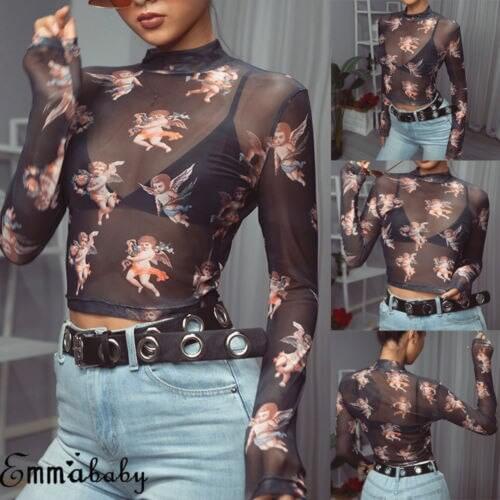 Women Sexy Mesh See-through Crop Print Tops Ladies Long Sleeve Crop Shirts Summer Casual Clothes Camisas De Mujer