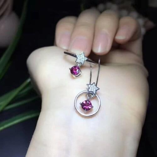 Natural red tourmaline Ring Pendant Natural Gemstone Jewelry Set S925 Silver elegant Cute stars girls party present jewelry