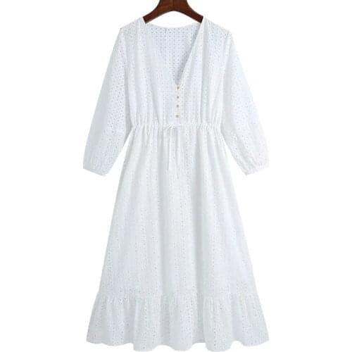 2021 New Women Chic Fashion Hollow Out Embroidery Midi Dress Vintage Three Quarter Sleeves Drawstring Female Dresses Mujer