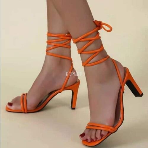 2021 Summer Fashion Orange Ankle Cross Strap Women Sandals Sexy Lace Up Square Toe Kopmkp Female High Heels Party Shoes