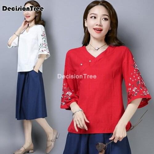 2021 women half sleeve shirts printing floral blouses chinese style vintage women shirts tops hanfu cotton linen chinese top