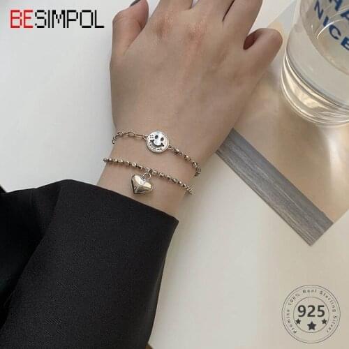 Besimpol 100% Real Sterling 925 Silver Heart Bracelets Korean Style Smile Bead Chain Bracelet for Women Luxury Fine Jewelry Gift