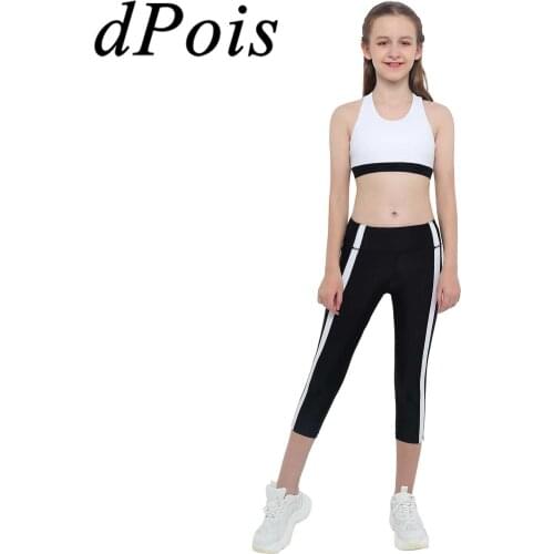 2Pcs Kids Tracksuits Girls Sportsuits Sleeveless Y-Shaped Back Crop Top with Sport Leggings Children Ballet Gymnastic Dance Sets