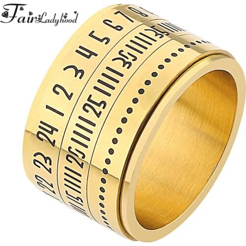 FairLadyHood Titanium Steel Rotatable 3 Part Arabic Numerals Ring with Date Time Calendar Fashion Female Men Punk Jewelry