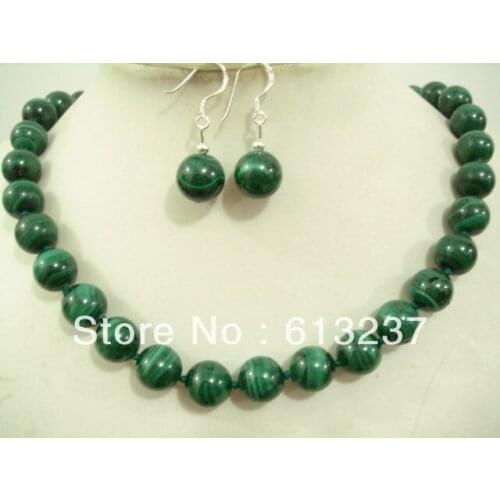 Hot sale free shipping diy 10mm artificial green malachite stone round beads necklace earrings elegant jewelry set 18inch MY5187