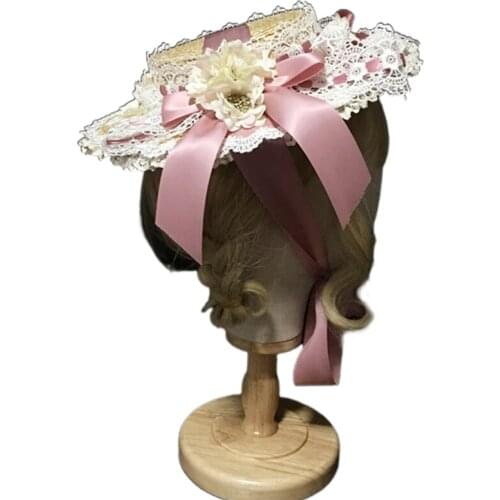 Lolita Tea Party Flat Hat Multilayer Lace Bonnet Floral Ribbon Bow Straw Sun Cap