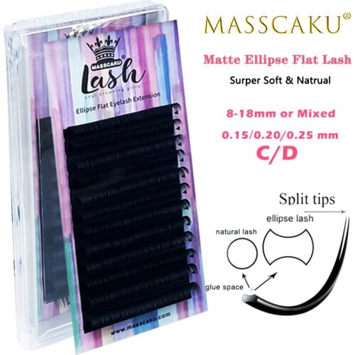 MASSCAKU False Natural Ellipse eyelashes C/D Matte Individual Eyelash Extension Flat Lashes Extensions Split-tips Wholesale