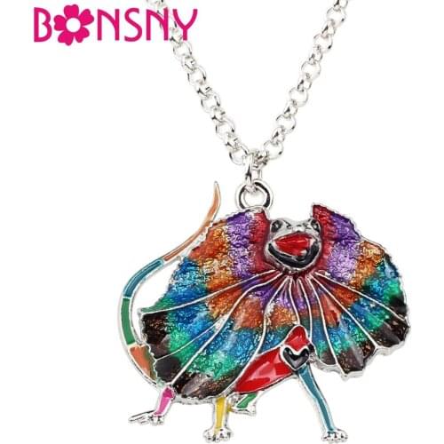 Bonsny Maxi Statement Enamel Alloy Frilled Lizard Necklace Chain Collar Pendant Fashion Animal Jewelry For Women Girls Wholesale